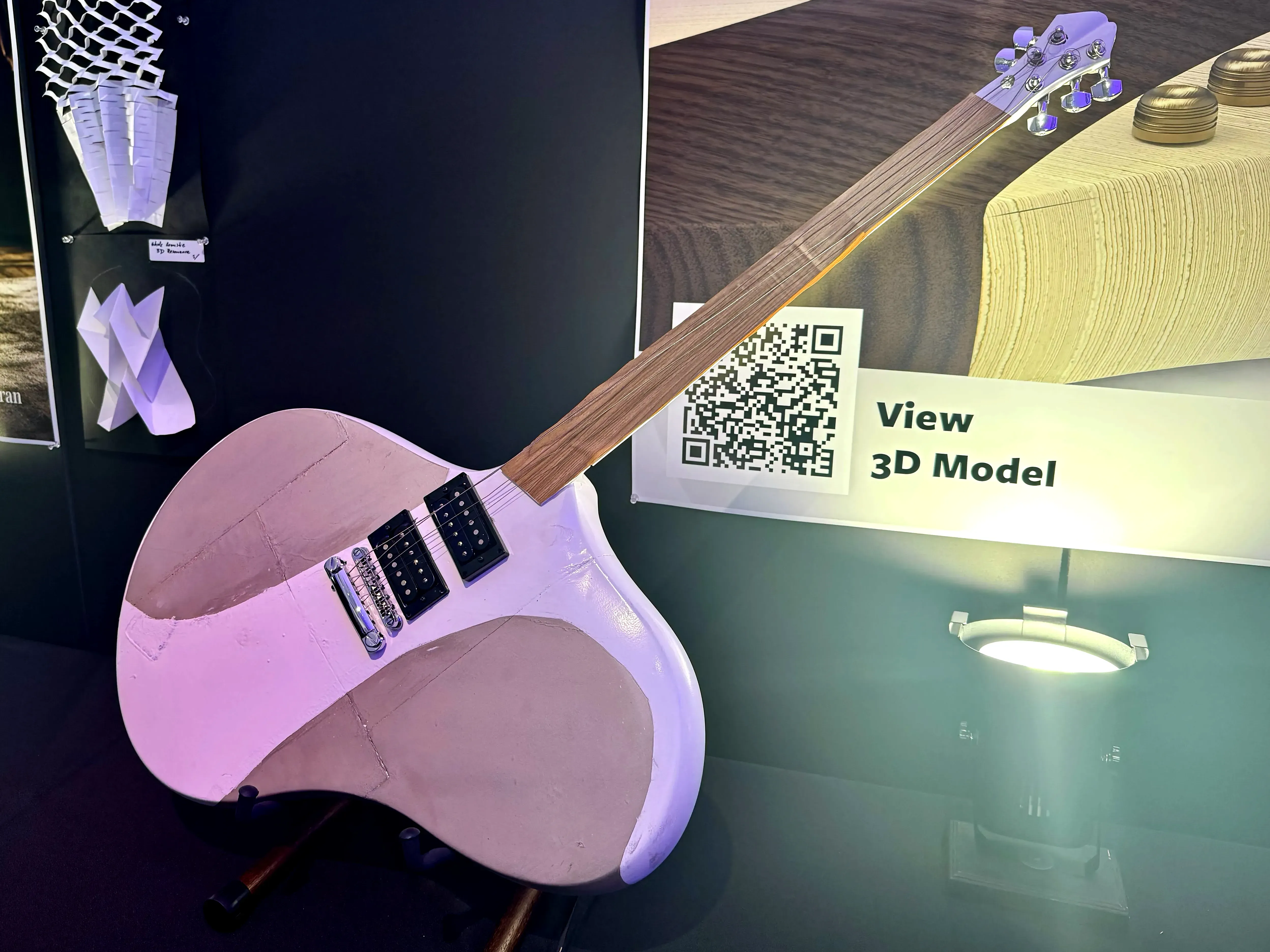 Close-up detail of the Benedetto x SCAD guitar neck joint and body geometry